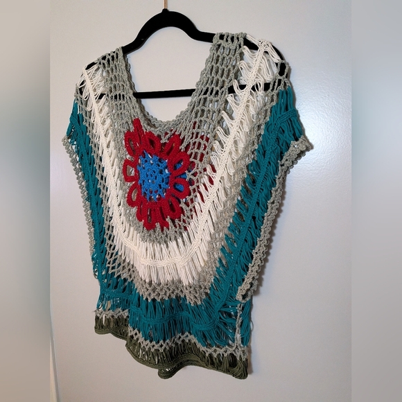 Boho Crochet Knit Top Multicolor Flower Design Festival Hippie Style Batwing - Picture 7 of 14